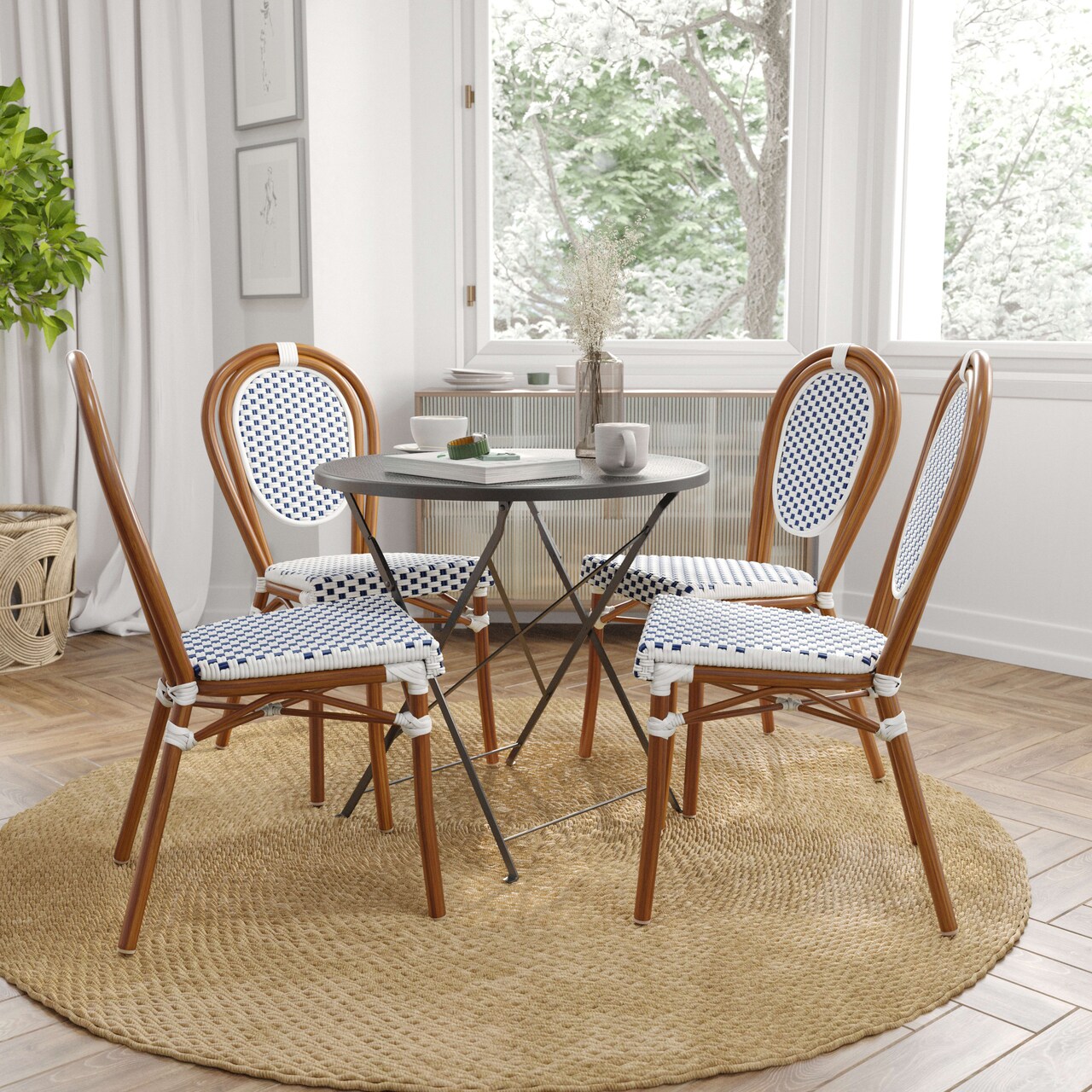 Merrick Lane Mael Set of Two Stacking Thonet Bistro Style Chair with Arms, Textilene Seat, and Bamboo Finished Metal Frame for Indoor/Outdoor Use